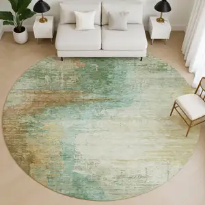 Photo of 8' Sage And Brown Abstract Washable Round Rug With UV Protection