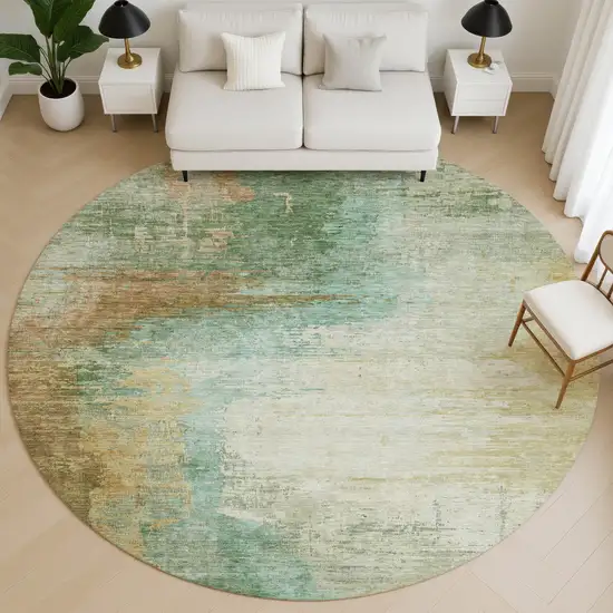 8' Sage And Brown Abstract Washable Round Rug With UV Protection Photo 5