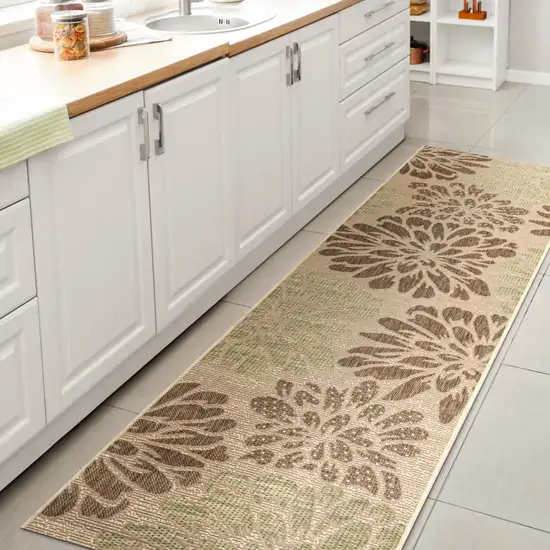 8' Sage And Brown Floral Indoor Outdoor Runner Rug Photo 6