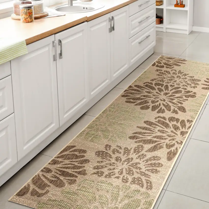8' Sage And Brown Floral Indoor Outdoor Runner Rug Photo 6