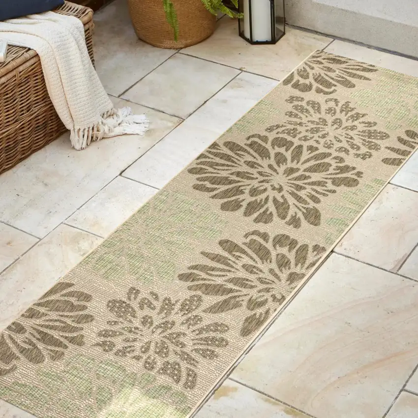 8' Sage And Brown Floral Indoor Outdoor Runner Rug Photo 5