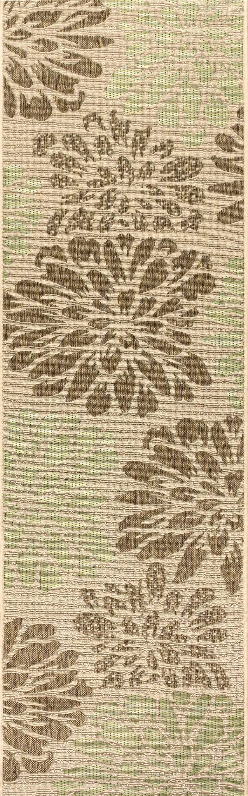 8' Sage And Brown Floral Indoor Outdoor Runner Rug Photo 1