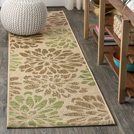 8' Sage And Brown Floral Indoor Outdoor Runner Rug Photo 4