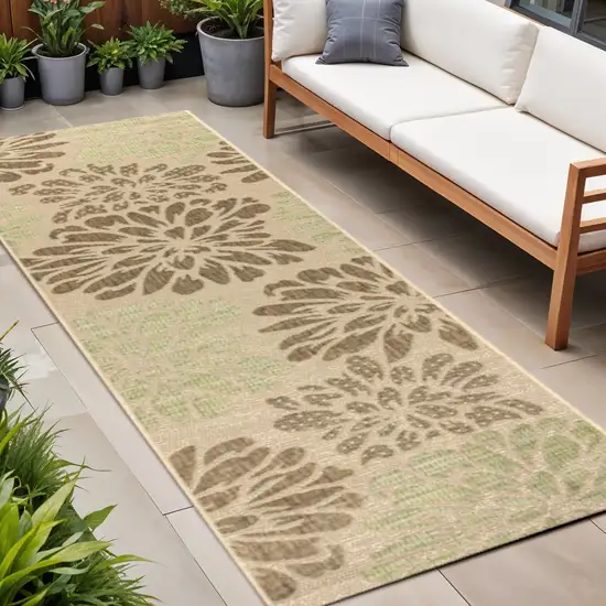 8' Sage And Brown Floral Indoor Outdoor Runner Rug Photo 1