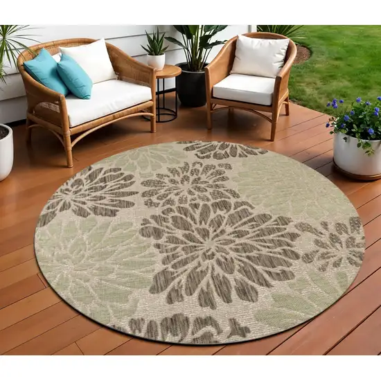 8' Sage And Brown Round Floral Indoor Outdoor Area Rug Photo 1