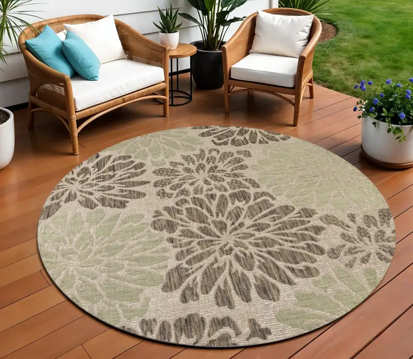 8' Sage And Brown Round Floral Indoor Outdoor Area Rug Photo 1