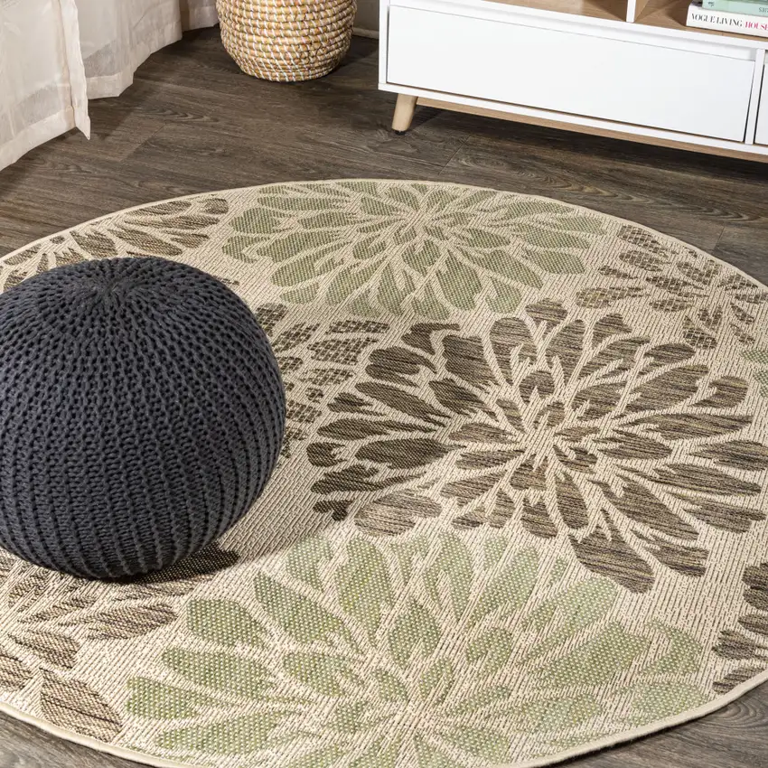 9' Sage And Brown Round Floral Indoor Outdoor Area Rug Photo 4