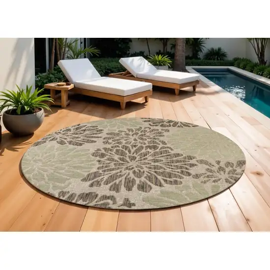 9' Sage And Brown Round Floral Indoor Outdoor Area Rug Photo 1
