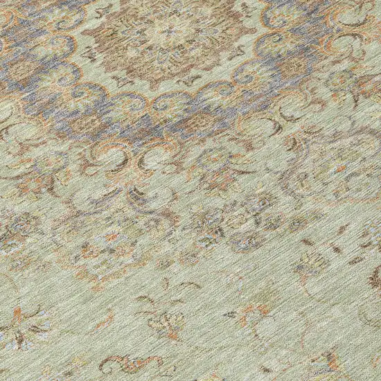 8' Sage And Brown Round Floral Medallion Washable Indoor Outdoor Area Rug Photo 7