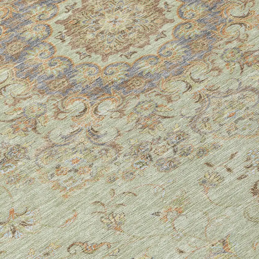 8' Sage And Brown Round Floral Medallion Washable Indoor Outdoor Area Rug Photo 7
