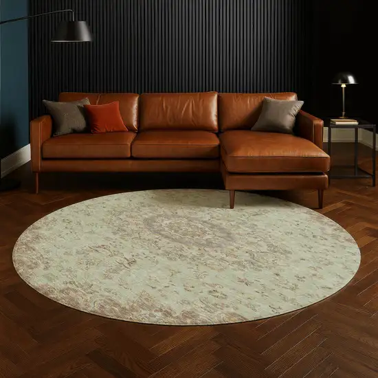 8' Sage And Brown Round Floral Medallion Washable Indoor Outdoor Area Rug Photo 5