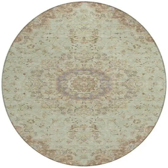 8' Sage And Brown Round Floral Medallion Washable Indoor Outdoor Area Rug Photo 2