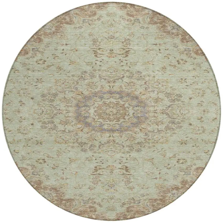 8' Sage And Brown Round Floral Medallion Washable Indoor Outdoor Area Rug Photo 2