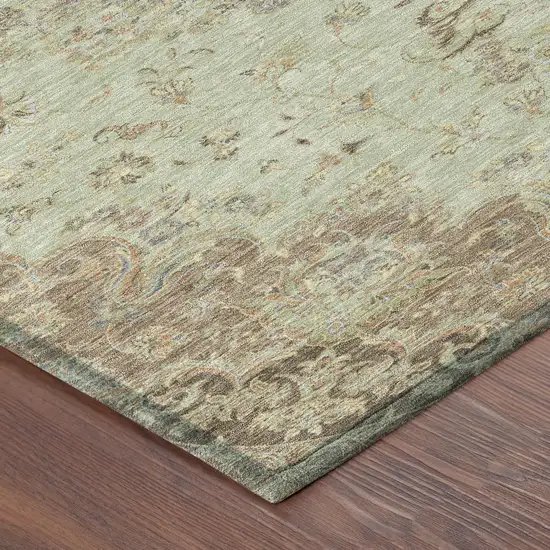 8' Sage And Brown Round Floral Medallion Washable Indoor Outdoor Area Rug Photo 6
