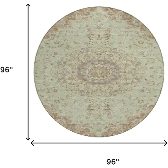 8' Sage And Brown Round Floral Medallion Washable Indoor Outdoor Area Rug Photo 8