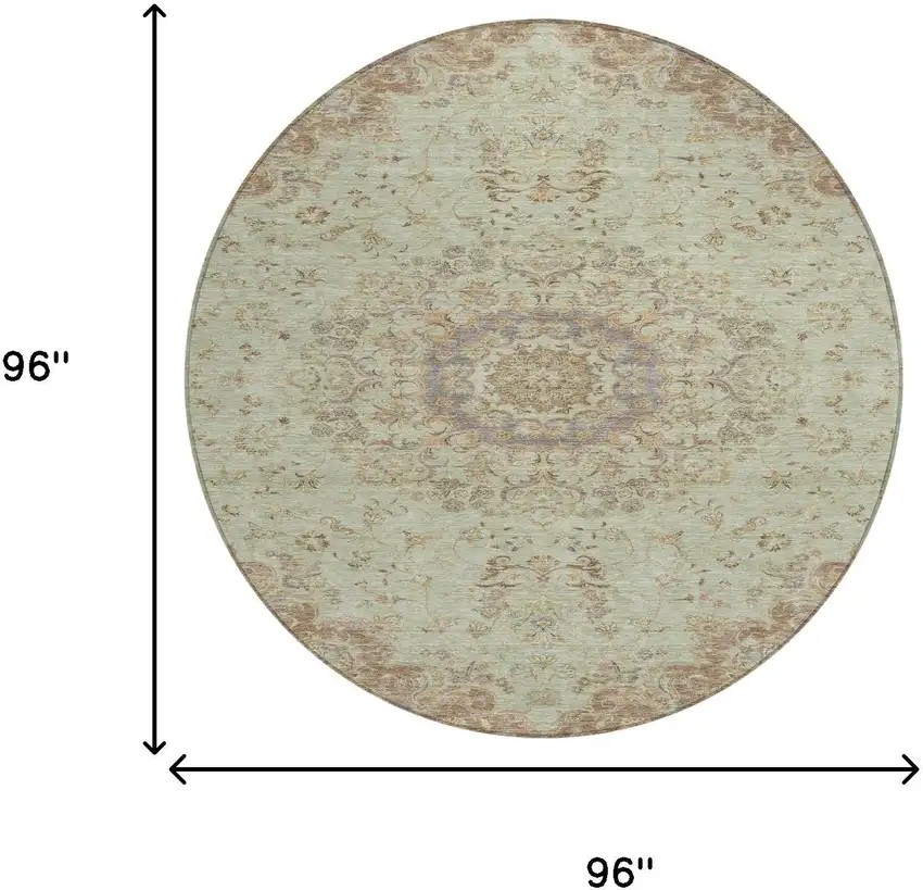 8' Sage And Brown Round Floral Medallion Washable Indoor Outdoor Area Rug Photo 8