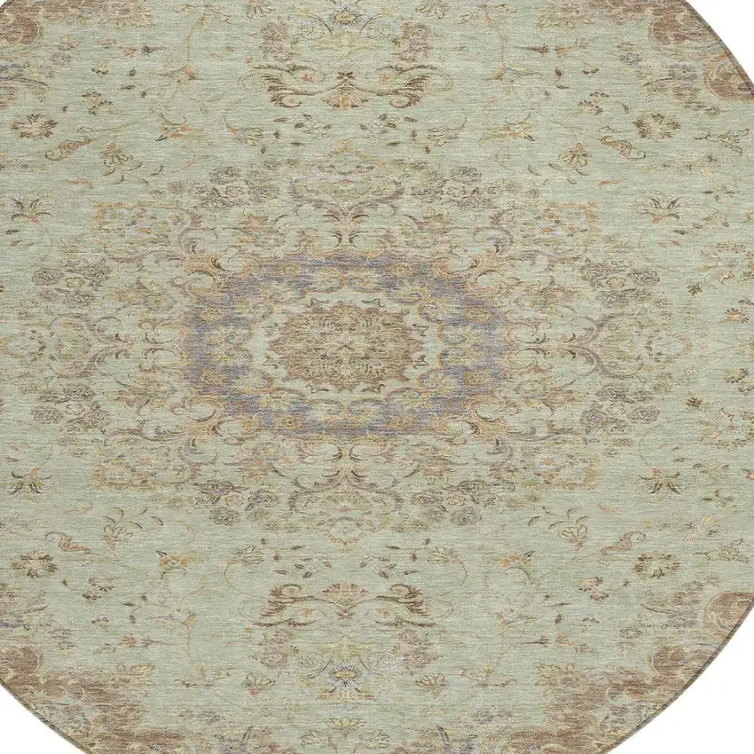 8' Sage And Brown Round Floral Medallion Washable Indoor Outdoor Area Rug Photo 3