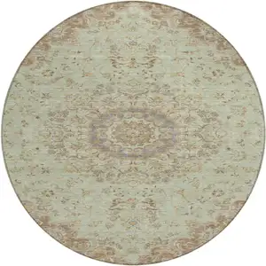 Photo of 8' Sage And Brown Round Floral Medallion Washable Indoor Outdoor Area Rug