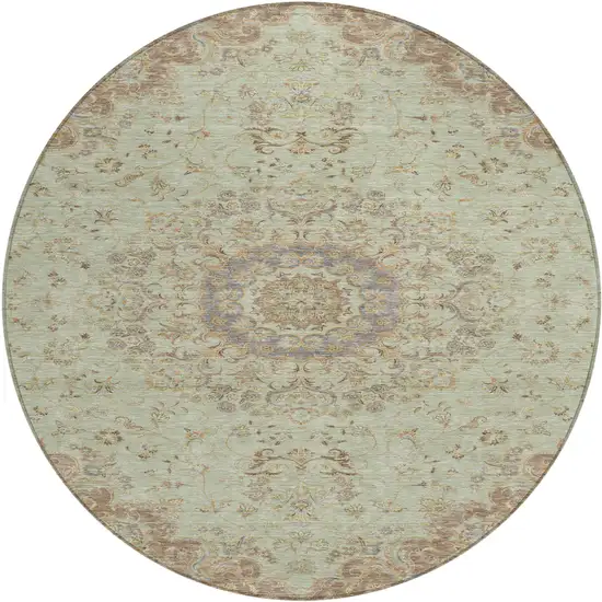 8' Sage And Brown Round Floral Medallion Washable Indoor Outdoor Area Rug Photo 1