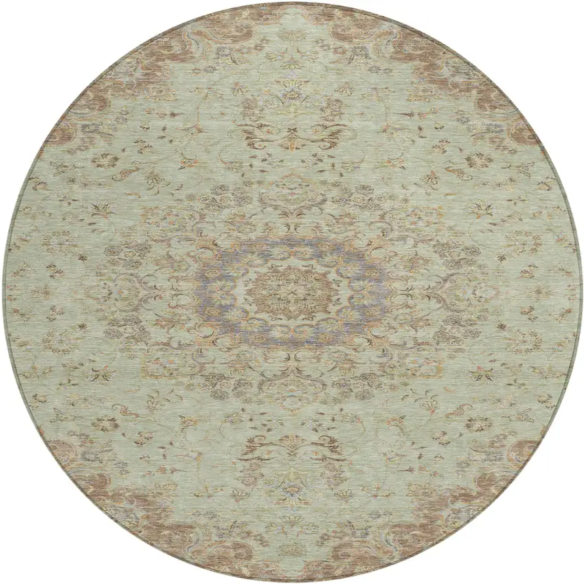 8' Sage And Brown Round Floral Medallion Washable Indoor Outdoor Area Rug Photo 1