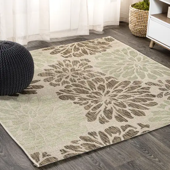 4' Sage And Brown Square Floral Indoor Outdoor Area Rug Photo 4