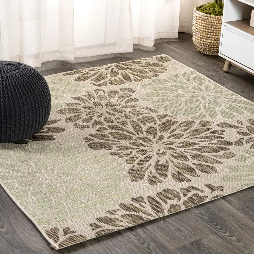 4' Sage And Brown Square Floral Indoor Outdoor Area Rug Photo 4