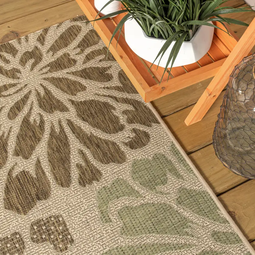 8' Sage And Brown Square Floral Indoor Outdoor Area Rug Photo 6