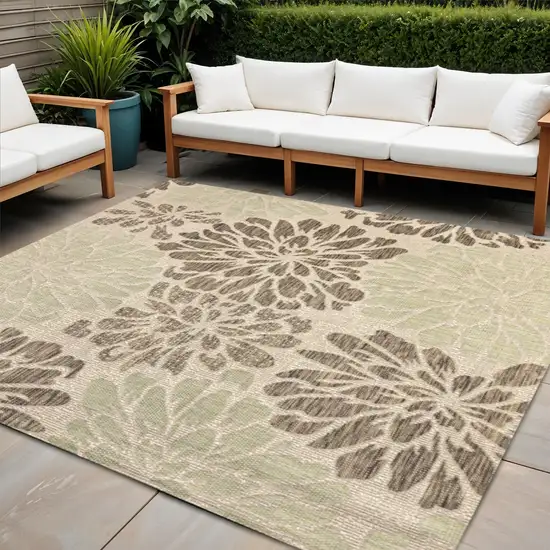 9' Sage And Brown Square Floral Indoor Outdoor Area Rug Photo 1