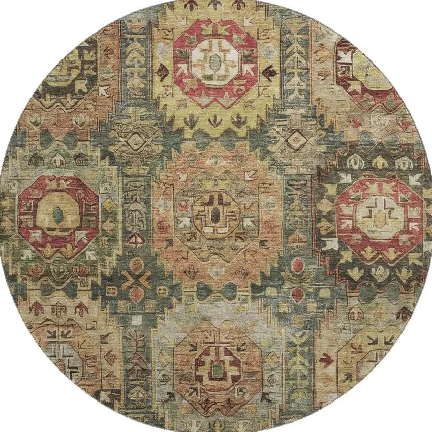 8' Sage And Copper Medallion Washable Round Rug With UV Protection Photo 4