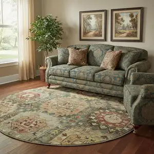 Photo of 8' Sage And Copper Medallion Washable Round Rug With UV Protection