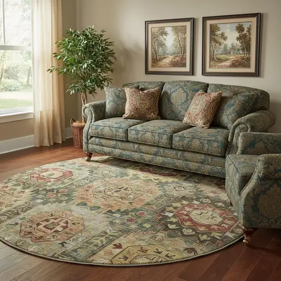 8' Sage And Copper Medallion Washable Round Rug With UV Protection Photo 2