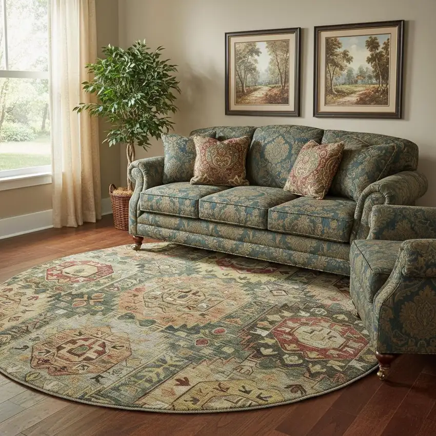 8' Sage And Copper Medallion Washable Round Rug With UV Protection Photo 2