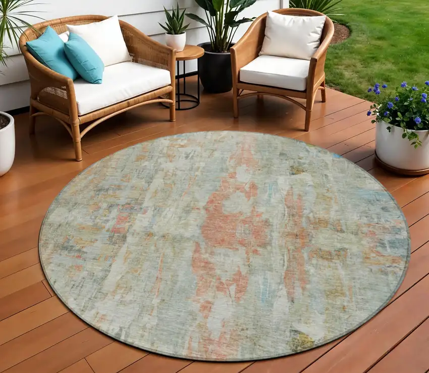 8' Sage And Copper Round Abstract Washable Indoor Outdoor Area Rug Photo 1
