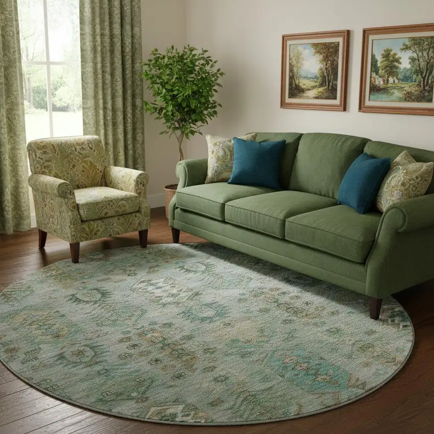 8' Sage And Copper Southwestern Washable Round Rug With UV Protection Photo 2