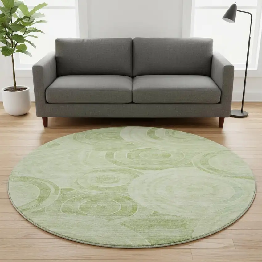 8' Sage And Fern Green Geometric Washable Round Rug With UV Protection Photo 2