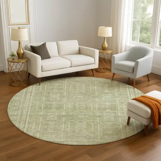 8' Sage And Fern Green Geometric Washable Round Rug With UV Protection Photo 5