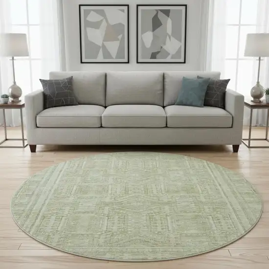 8' Sage And Fern Green Geometric Washable Round Rug With UV Protection Photo 2