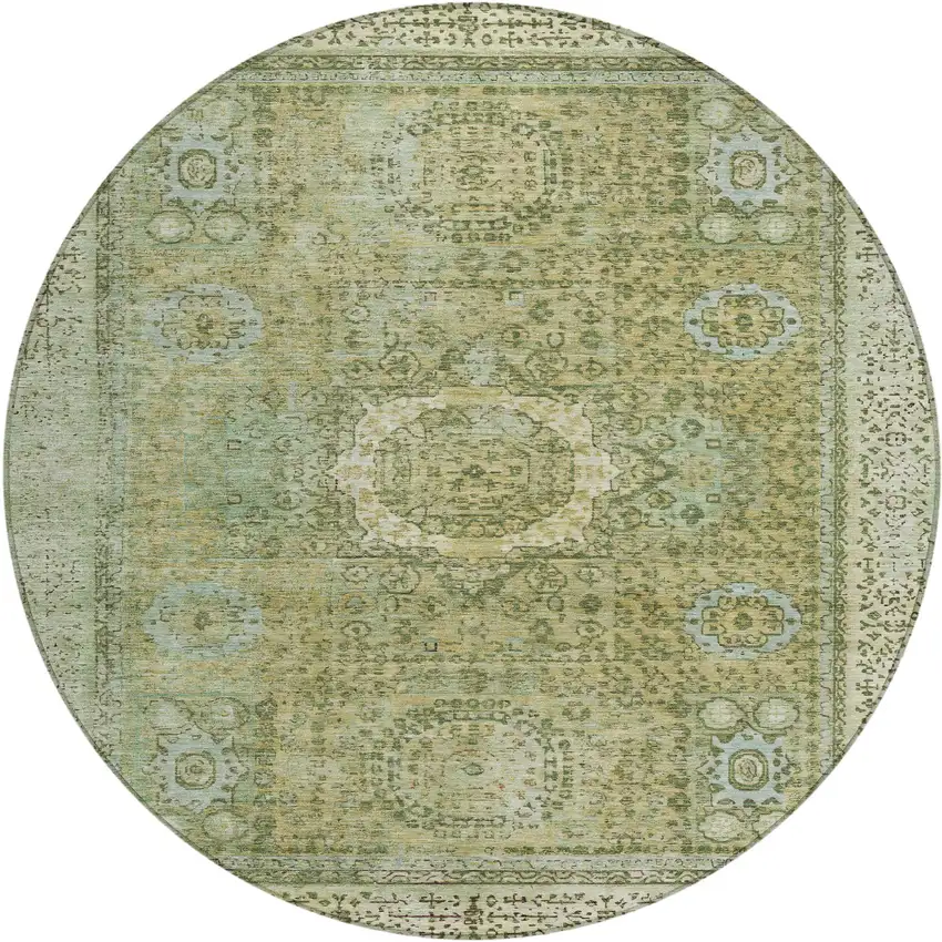 8' Sage And Fern Green Round Floral Medallion Washable Indoor Outdoor Area Rug Photo 1