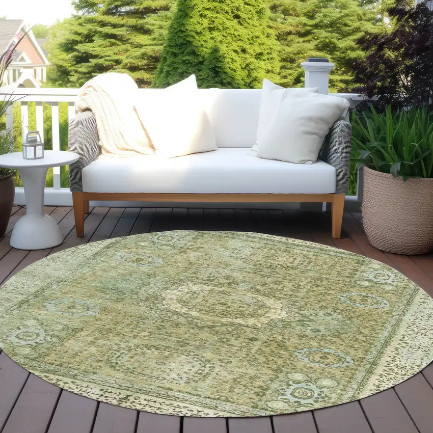 8' Sage And Fern Green Round Floral Medallion Washable Indoor Outdoor Area Rug Photo 5