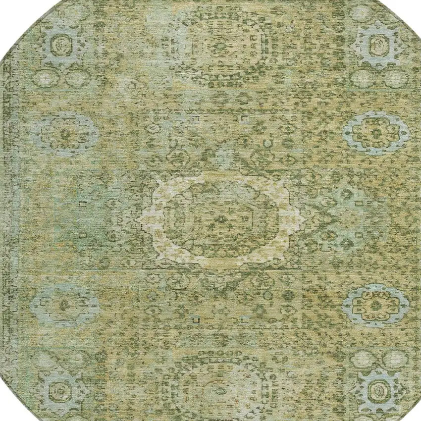 8' Sage And Fern Green Round Floral Medallion Washable Indoor Outdoor Area Rug Photo 7