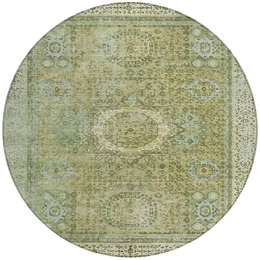 8' Sage And Fern Green Round Floral Medallion Washable Indoor Outdoor Area Rug Photo 3