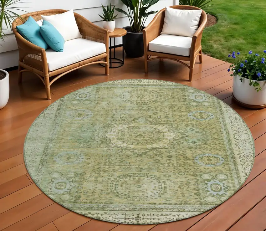 8' Sage And Fern Green Round Floral Medallion Washable Indoor Outdoor Area Rug Photo 2