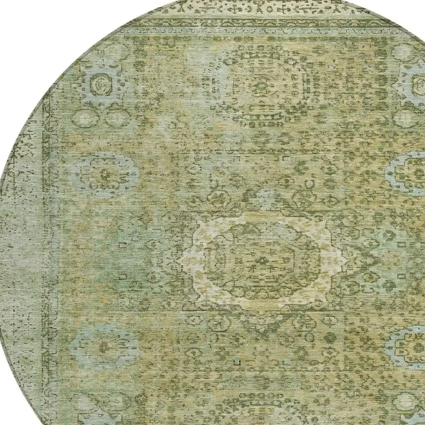8' Sage And Fern Green Round Floral Medallion Washable Indoor Outdoor Area Rug Photo 4