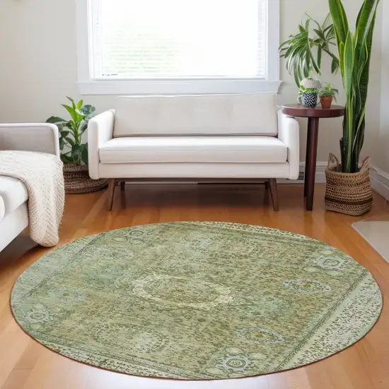 8' Sage And Fern Green Round Floral Medallion Washable Indoor Outdoor Area Rug Photo 6