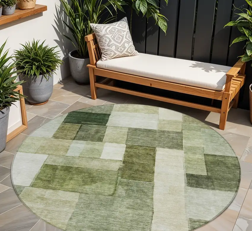 8' Sage And Fern Green Round Geometric Washable Indoor Outdoor Area Rug Photo 1