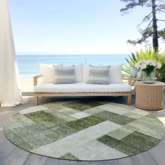 8' Sage And Fern Green Round Geometric Washable Indoor Outdoor Area Rug Photo 6