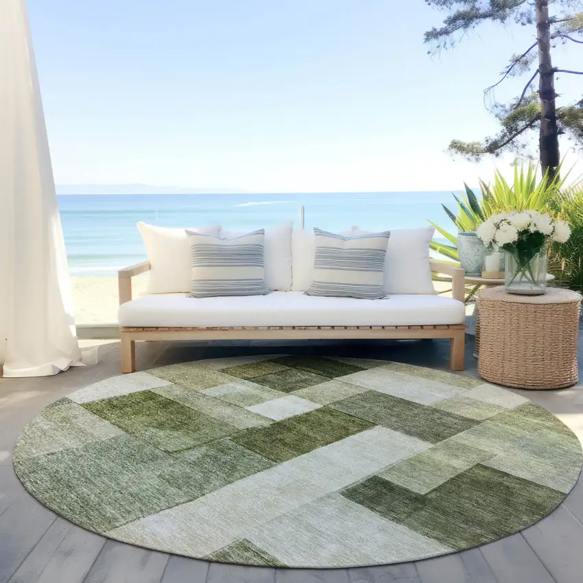 8' Sage And Fern Green Round Geometric Washable Indoor Outdoor Area Rug Photo 6