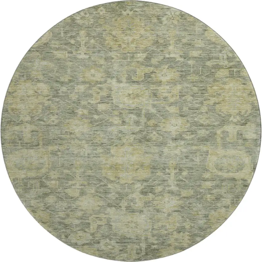 8' Sage And Gold Damask Washable Round Rug With UV Protection Photo 1
