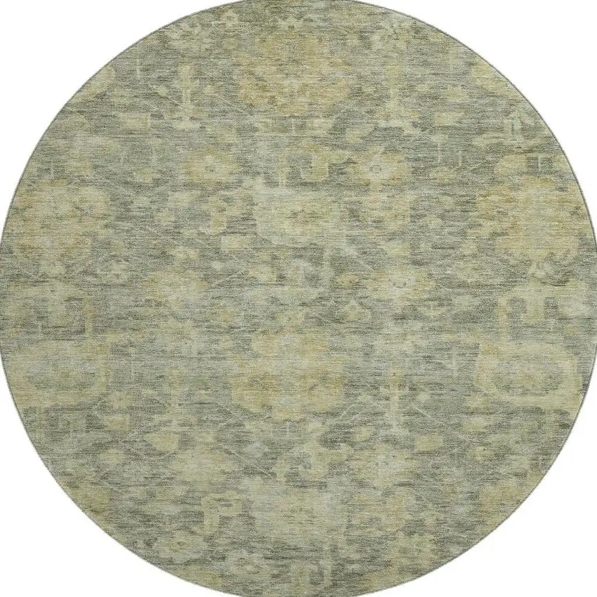8' Sage And Gold Damask Washable Round Rug With UV Protection Photo 3