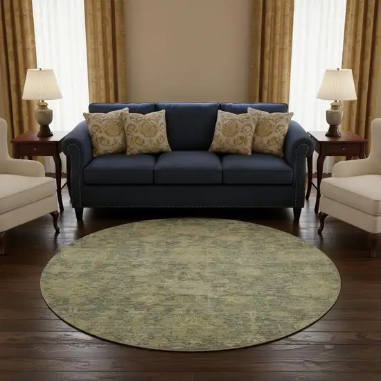8' Sage And Gold Damask Washable Round Rug With UV Protection Photo 2